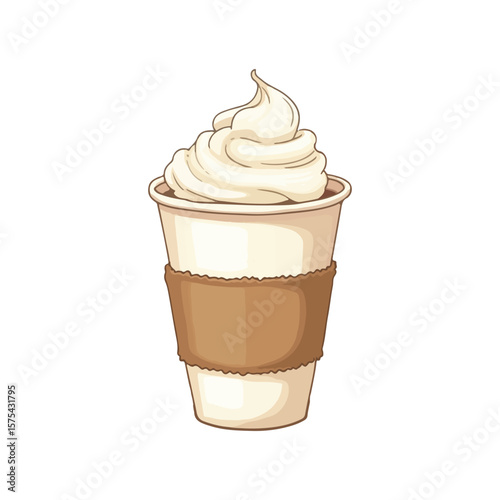 Vector illustration of a creamy, delicious beverage with whipped topping in a to-go cup.