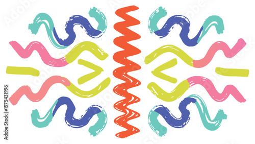 Colorful brush stroke pattern with a central zig zag design in a symmetrical arrangement art