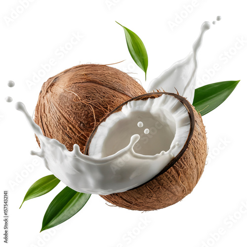 Fresh coconut halves with milk splash and green leaves isolated on transparent background