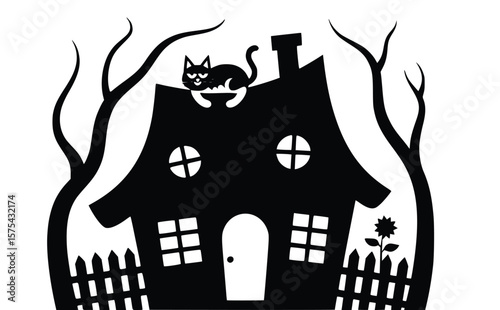 Spooky house illustration features a black cat perched on its roof amidst a creepy fence, tree, and a lonely sunflower, silhouette