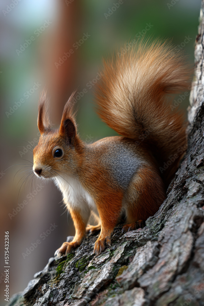 Fototapeta premium A squirrel is sitting on a tree in the forest.