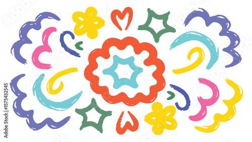 Colorful abstract shapes including flowers hearts stars and swirls on a white background design element
