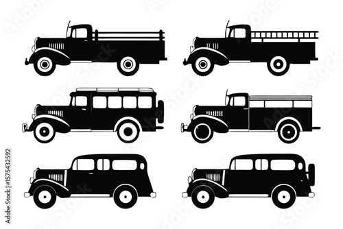 Vintage Vehicle Collection: A monochromatic showcase of classic vintage vehicles, meticulously designed and perfectly rendered, displaying different vehicle type.