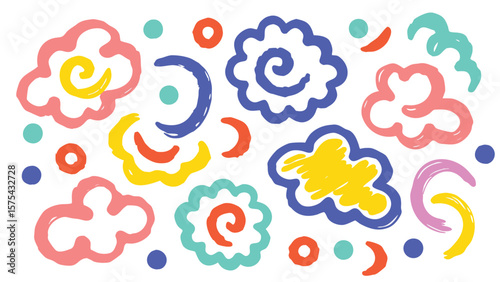 Colorful abstract shapes including clouds circles and curves on a white background design art