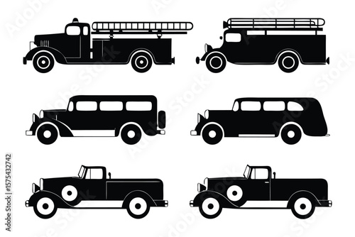 Vintage Vehicle silhouettes: A striking collection of vintage vehicle silhouettes, showcasing the timeless appeal of classic fire trucks, trucks, and passenger cars, evoking nostalgia.