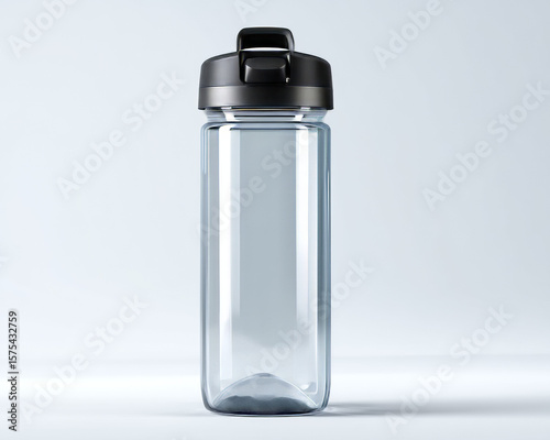 A sleek clear water bottle with a black lid is displayed against a light background bringing a modern touch to hydration
