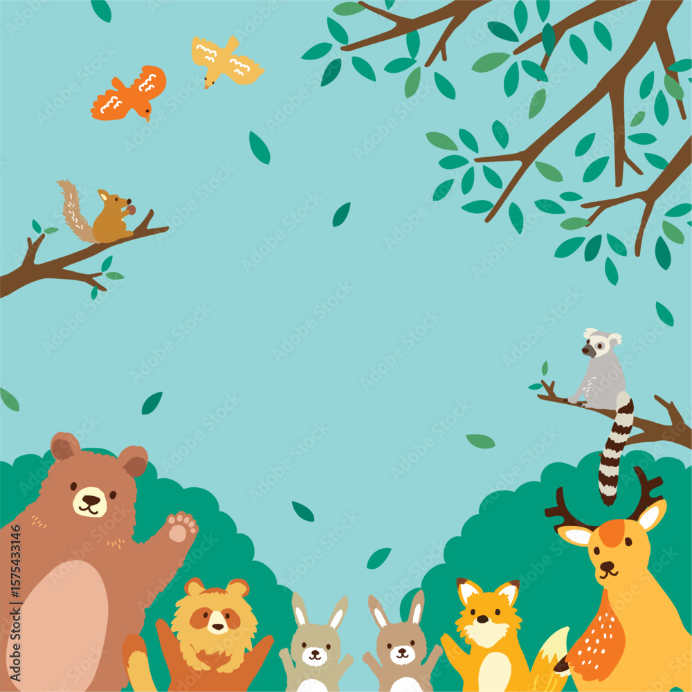Obraz premium 森の動物たち 背景イラスト