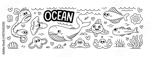Adorable ocean doodles showcasing sea creatures like a whale, fish, and octopus in a charming, hand-drawn style for a whimsical feel, silhouette
