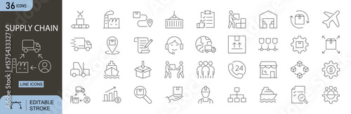 Supply Chain editable line icons set. Includes icons for logistics, inventory, warehouse, transportation, distribution, procurement, and delivery process. Editable stroke. Perfect for infographics.