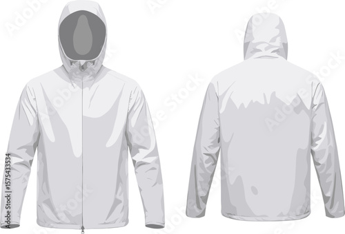 Blank windbreaker jacket front and back view, vector hooded outerwear mockup, lightweight raincoat design, fashion apparel illustration, zip-up coat template