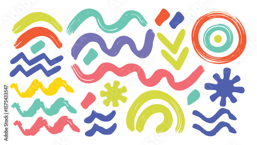 Colorful abstract brush strokes and shapes creating a playful and artistic composition design element