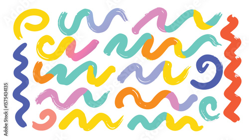 Collection of colorful brush stroke waves and curls on a white background in a playful arrangement