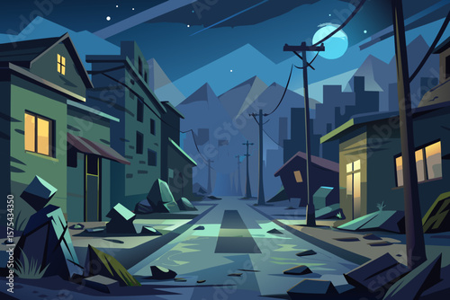 A stylized night scene shows an abandoned city street with buildings, mountains, electricity poles, and a full moon, perfect for backgrounds or atmospheric designs.