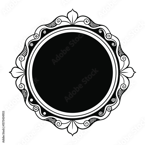 Black-and-white circle Victorian grunge frame with distressed edges, ornate floral swirls, and vintage texture for edgy retro designs, logos, or invitations.
