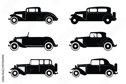 Vintage Car Silhouette Collection: A sleek, artistic illustration presents a curated selection of timeless vintage automobiles in striking black silhouettes, each embodying classic automotive design.