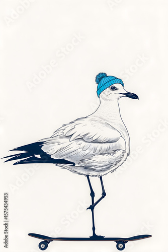 Minimalist drawn illustration of a seagull wearing a blue beanie standing on a black skateboard with white background