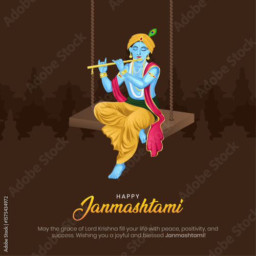 Happy Krishna Janmashtami post and flyer template. Birthday celebration of Shree Lord Krishna, modern and minimal creative poster vector illustration