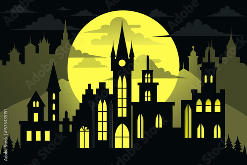 Spooky cityscape featuring a dark haunted mansion against a bright moon, perfect for Halloween designs or creepy graphics.