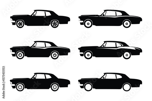 Classic Car Silhouette Set: A sleek compilation of vintage automobile silhouettes, rendered in stark black, highlighting the timeless design and powerful presence of iconic cars from a bygone era.