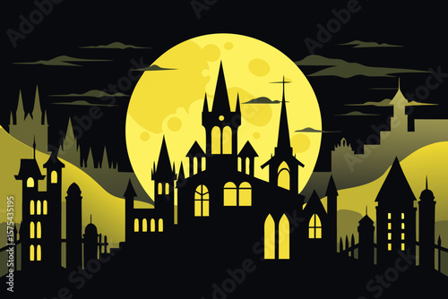 Spooky landscape with castle silhouettes against a radiant full moon, perfect for Halloween themes and gothic designs.