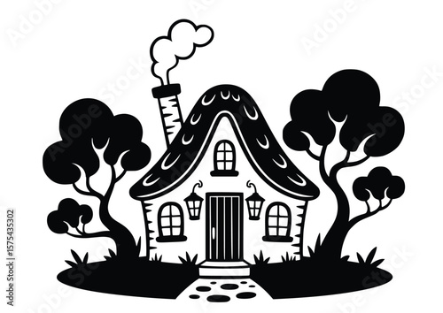 Charming little house with a chimney stands nestled among trees in this whimsical illustration, silhouette