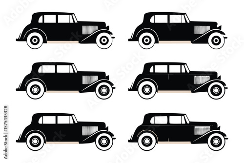 Classic Car Collection: Set of six timeless black vintage cars showcasing elegant design and enduring charm. Illustrative imagery for automotive, historical, or design-related themes.