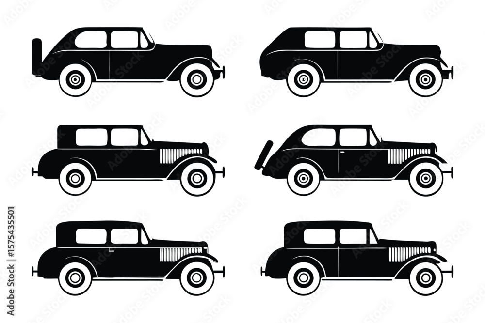 Fototapeta premium Classic Car Collection: A set of six vintage car silhouettes, showcasing classic car designs from a bygone era. Perfect for automotive enthusiasts and retro design projects.