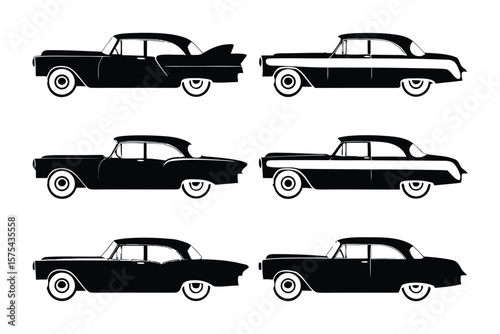 Retro Car Vector Collection: Black silhouette renderings of six different classic car models capturing vintage aesthetic.