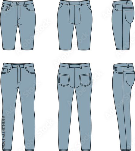 Men’s denim pants and shorts technical flat, CAD vector illustration, front back side views, garment fashion template, casual wear design, apparel sketch drawing
