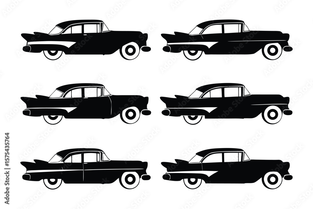 Obraz premium Classic Silhouette Automobiles: A set of elegant vintage vehicles, perfectly outlined in a graphic composition, ideal for retro and transport themes.
