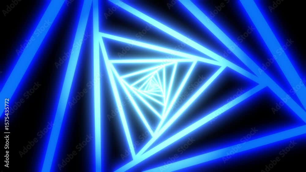 Blue neon triangle tunnel with vibrant lights and geometric pattern. Perfect for technology, abstract background, futuristic themes, and digital design projects.