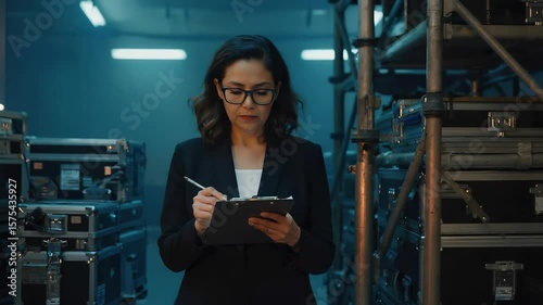 Amidst the clatter of a bustling movie set, a woman diligently checks for continuity errors with a clipboard in hand. She focuses intently in a quiet corner away from the chaos