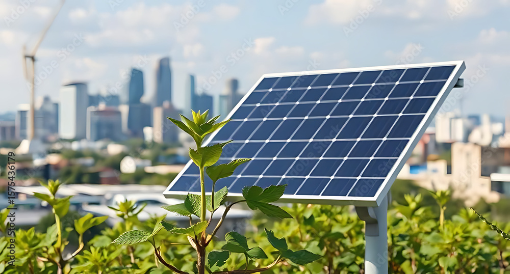 Fototapeta premium Solar Panel Installation in a Green Public Park, Photovoltaic Solar Panels in City Park on a Sunny Day