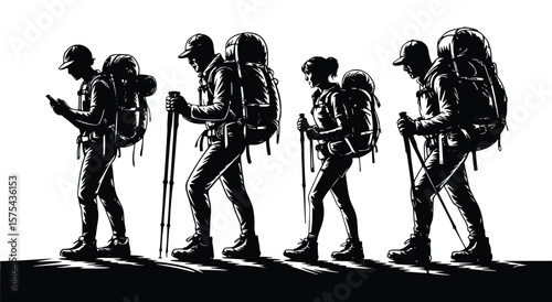 Hiking group on a trek, adventure seeking in black and white illustration style, with backpacks and walking sticks, a dynamic outdoor pursuit, silhouette