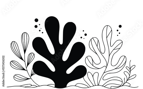 Graphic illustration of underwater seaweed and plants in black and white offers a simple design, silhouette