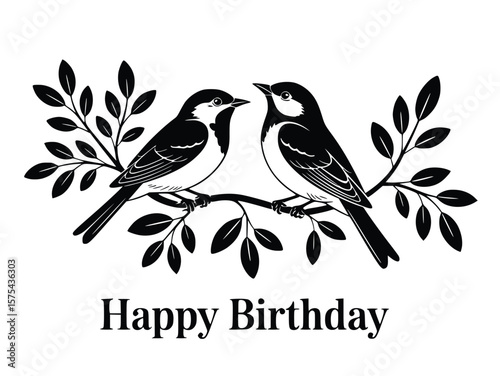 Whimsical birds on a branch deliver birthday wishes in this elegant black and white greeting card design, silhouette