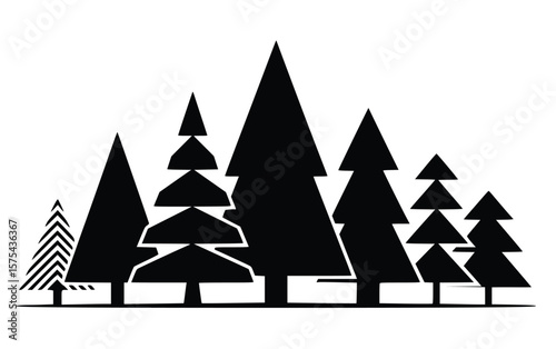 Graphic illustration of a dense forest, offering a minimalist, black and white evergreen trees silhouette design.