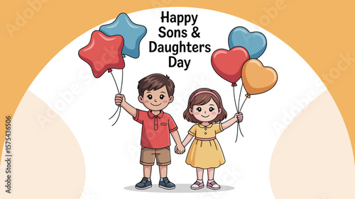 Happy sons and daughters day celebration with kids holding balloons vector illustration art