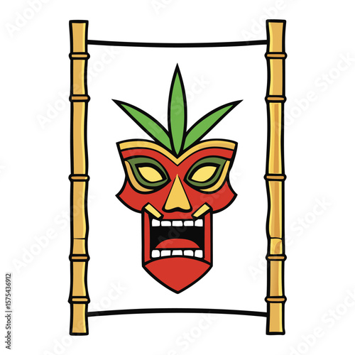 A vibrant tiki mask framed by natural bamboo, showcasing bold colors and tribal patterns—perfect for tropical decor or island-themed designs with a festive vibe.
