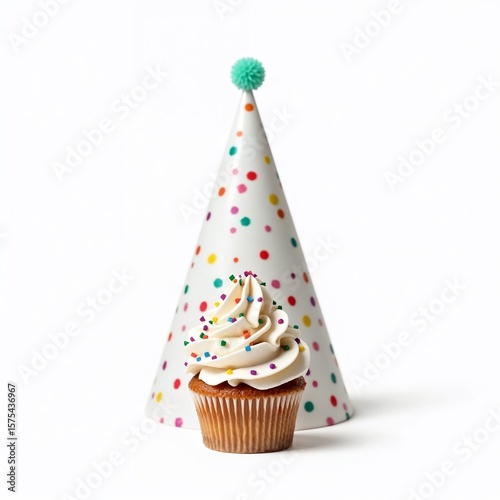  A party participant's kit - a cupcake with a cap made of white milk cream sprinkled with multi-colored pieces of marmalade, as if it were confetti against the background of a milky cap in the shape o