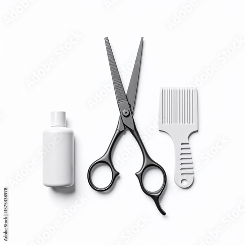  A pet grooming kit consists of scissors, a comb and a bottle of shampoo.