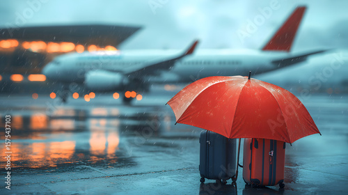 Travel Insurance Safeguarding Your Journey - Red umbrella shelters airplane and luggage, symbolizing travel protection, safety, security