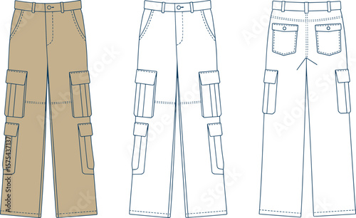 CAD drawing flat vector illustration of multi-pocket cargo trousers, men’s utility pants front and back view, 