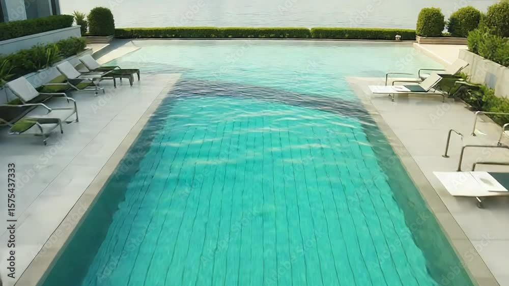 Long empty swimming pool with deck chairs inviting for a relaxing swim