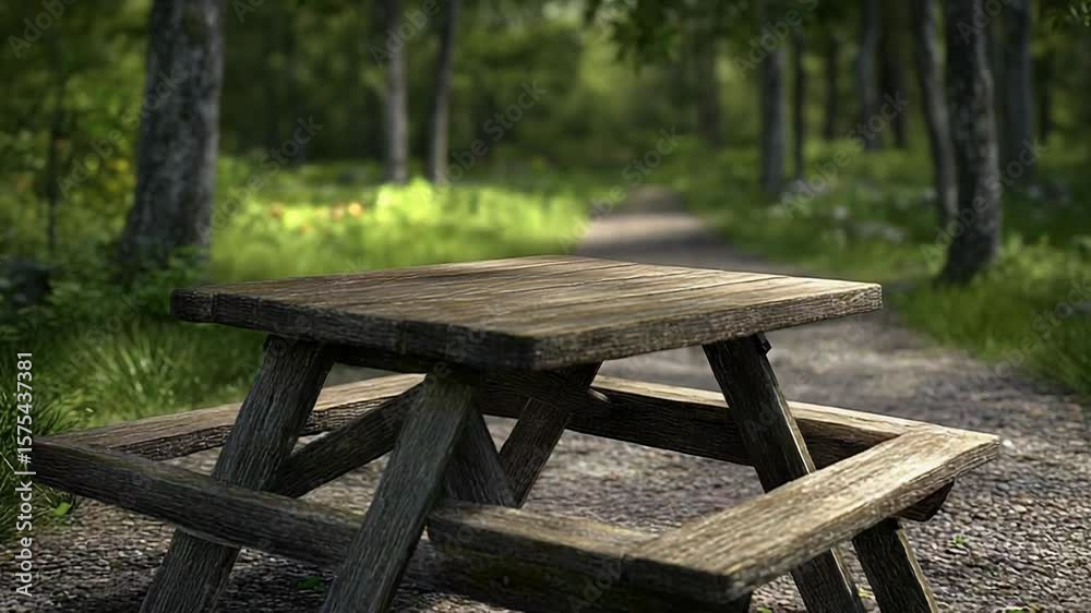 Empty picnic table inviting visitors in peaceful forest setting Empty picnic table inviting visitors in peaceful forest setting