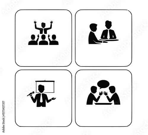 Depicts business meetings, presentations, discussions, and audience engagement, all in simple black and white icons for easy visual communication, silhouette