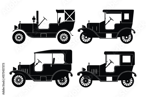 Vintage automobile collection: A detailed black-and-white illustration of four antique cars, showcasing diverse body styles, evokes the elegance of a bygone era.