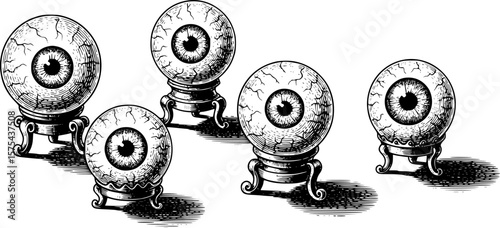 crystal ball, eye in the crystal ball, mystical, occult, black and white, woodcut, engraving, dark magic, supernatural, spiritual, esoteric, divination, fortune telling, mystery, intrigue, ethereal
