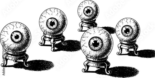 crystal ball, eye in the crystal ball, mystical, occult, black and white, woodcut, engraving, dark magic, supernatural, spiritual, esoteric, divination, fortune telling, mystery, intrigue, ethereal

