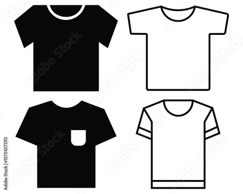 Black t-shirt silhouette isolated, T-Shirts outline simple linear image collection. T- shirt flat vector icon.  Clothing symbol. Vector illustration.